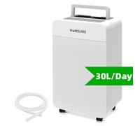 HUMSURE Déshumidificateur 30 L/jour - Grand modèle avec tuyau d’évacuation, réservoir d’eau de 5,3 L, minuterie 24 h, fonction dégivrant et verrouillage enfant, pour chambre, sous-sol et salle de bain