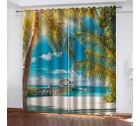 Hundnsney Rideau Chambre 3D Vue sur La Mer Plage Tropicale Imprimé Rideaux Occultants À Oeillets, Salon Chambre Enfant Cuisine Fenêtre Décoration Lot De 2 Isolant Thermique Et Sonore 234X230cm