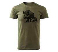 HUNT-G61 - T-Shirt Chasseur - T-Shirt Homme - en Coton, Coupe Confortable - Cadeaux de Chasse, Cadeau pour Chasseur, Garde Forestier - Vert, avec Motif Sanglier avec Marcassin - M
