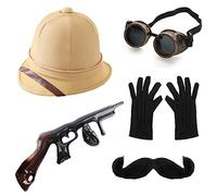 Hunter Explorer Ensemble d'accessoires - Chapeau de pith, lunettes, pistolet Tommy gonflable, moustache noire et une paire de gants noirs - Parfait pour les fêtes sur le thème des explorateurs et