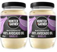 Hunter & Gather Mayonnaise à l'Huile d'Avocat et à l'Ail 630g | Fabriqué du d'œuf pasteurisé de poules britanniques élevées en plein air | Mayonnaise paléo, céto, sans sucre et sans gluten (Lot de 2)