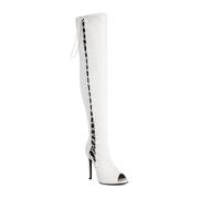 HUNTFF Bottes hautes au-dessus du genou pour femme avec talon aiguille, bout ouvert, lacets latéraux, bottes longues jusqu'aux cuisses, chaussures de pole de danse et de discothèque