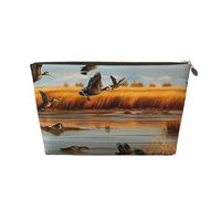 Hunting Flying Wild Duck 5 Trousse de toilette imprimée pour femme et fille - Portable - Trousse de maquillage en cuir avec fermeture éclair dorée, doré, Taille unique, Trousse de toilette