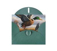 Hunting Flying Wild Ducks by the lake Prints Carte de vœux horizontale en papier nacré pour cartes d'anniversaire et toutes les occasions, vert foncé