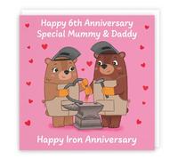 Hunts England Carte d'anniversaire de 6 ans avec inscription « Mummy And Daddy » - Anniversaire de fer - Sixième anniversaire - 6 ans - Carte amusante ours - Collection Love Story