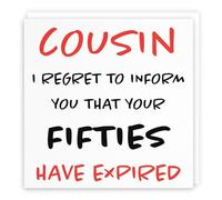Hunts England Carte d'anniversaire humoristique pour 60e anniversaire de cousin - Inscription « I Regret To Inform You That Your Fifties Have Expired » - Collection rétro