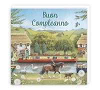 Hunts England - Carte d'anniversaire italienne pour lui/elle - Canal Narrowboat - Equitation - Campagne - Milo's Gallery - Carte d'anniversaire unisexe en langue italienne - Buon Compleanno