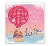 Hunts England - Carte de 13e anniversaire de montgolfière pour lui/elle - Collection Ours mignons - Carte de luxe 13e anniversaire pour femme, mari, amis, couple - Carte d'anniversaire de 13 ans