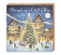 Hunts England - Carte de Noël religieuse chrétienne individuelle - For Unto Us A Child Is Born - « Christmas Eve » - Galerie de Milo - Verset de la Bible - May God Bless You At Christmas Time And Always