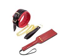 HUNTVE Collier 2 pièces en cuir PU avec chaîne de traction dorée + clapet en cuir COSPLAY Costume de jeu de rôle (noir et rouge)