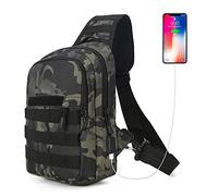 HUNTVP Sac à Bandoulière Tactical Poitrine Sac Molle Poitrine Sling Pack avec Bouteille D'eau Poche USB Prise Pour Usage Extérieur Plein Jour,Camo