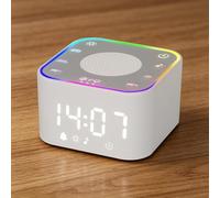 HUO JI Machine à bruit blanc et réveil numérique 30 sons non bouclés pour un sommeil profond - Réveil doux avec lumière RVB réglable, mémoire et minuterie pour adultes, enfants, bébés (blanc gris)