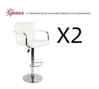 HUOLE 2 x Tabourets de bar à accoudoirs Dossier à six compartiments + coussin de siège à neuf Blanc pur H 87-107 cm