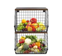 HUOLE Corbeille a Fruit, 2 Etages Panier a Fruit, 2pcs Organiseurs de Cuisine Basket avec Couvercle en Bois Panier Empilable et Montable au Mur pour Rangement Collations et Légumes-30*20*21cm-Noir