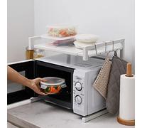 HUOLE Cuisine Micro Ondes Etagere Rangement,Étagère pour Micro-Ondes à 2 Couches - Extensible - pour épices, conserves, Bouteilles, jusqu'à 25 kg (42cm (40-65cm) blanc)