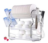 HUOLE Égouttoir Métal Chromé Double, Support de Vaisselle Plateau en Microfibre Égouttoir à Vaisselle de vidange de Cuisine en Acier Inoxydable 42 * 25 * 43,5 cm (Argent)