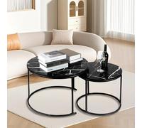 HUOLE Ensemble de 2 Tables Basses Rondes, Tables Gigognes de Salon Modernes, Structure en Métal, 50 cm et 70 cm, en Marbre Pandora et Pierre Frittée 70 x 70 x 45 cm - Noir