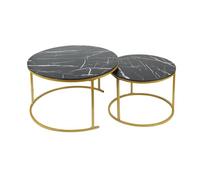 HUOLE Ensemble de 2 Tables Basses Rondes, Tables Gigognes de Salon Modernes, Structure en Métal, 50 cm et 70 cm, en Marbre Pandora et Pierre Frittée70 x 70 x 45 cm - Noir et Or