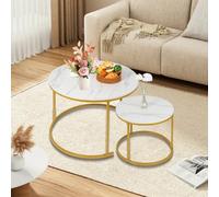 HUOLE Ensemble de 2 Tables Basses Rondes, Tables Gigognes de Salon Modernes, Structure en Métal, 50 cm et 70 cm, en Marbre Pandora et Pierre Frittée70 x 70 x 45 cm - Blanc et Or