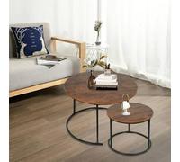 HUOLE Ensemble de 2 Tables Basses Rondes, Tables Gigognes de Salon Modernes, Structure en Métal, 50 cm et 70 cm, en Marbre Pandora et Pierre Frittée70 x 70 x 45 cm (Bois flammé + Pieds Noirs)