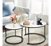 HUOLE Ensemble de 2 Tables Basses Rondes, Tables Gigognes de Salon Modernes, Structure en Métal, 50 cm et 70 cm, en Marbre Pandora et Pierre Frittée70 x 70 x 45 cm - Noir et Blanc