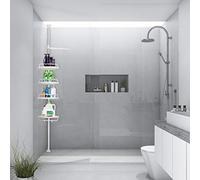 HUOLE Étagère de Douche Réglable en Hauteur, 4 Niveaux,Serviteur de Douche Telescopique, Crochet télescopique Triangle Organisateur de Salle de Bain, Etagère sans perçage,réglable 254-360cm