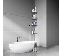 HUOLE Étagère de Douche Réglable en Hauteur - 4 Paniers - Taille Réglable De 110 À 280 Cm - Embouts Caoutchoutés - Acier Poudré avec Aspect Chromé + 2 Crochets Auto-Adhésifs