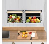 HUOLE Etagere Frigo & Porte-épices 2 In 1 , Rangement et Organisation de Cuisine, Fruits et Legumes, Corbeille Fruit Panier, Epices, Panier Mural, 35 x 17 x 29,5 cm (deux) Noir + bois naturel