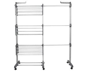 HUOLE Étendoir Linge Intérieur sur 3 Niveau, Séchoir à Linge Extensible Réglable, Tancarville Grand Capacité, avec 6 Roues de Frein de Stationnement à 360°,75-142.5 * 64 * 170cm (Gris)