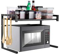 HUOLE Extensible Support Micro Onde en Métal, Hauteur Réglable, Étagère de Rangement pour Cuisine, Titulaire d'épice avec 3 Crochets, Charge maximale 25 kg (42 cm (40-65 cm)-noir)