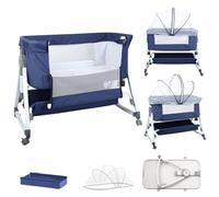 HUOLE Lit Cododo Bébé 0-6 Mois avec Roues Intégrés, 2en 1 Lit bébé Berceau Cododo,Berceau avec Matelas et Moustiquaire,80 x 40 x 100-116 cm (6 Vitesses - Bleu Marine)