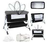HUOLE Lit Cododo Bébé 0-6 Mois avec Roues Intégrés, 2en 1 Lit bébé Berceau Cododo,Berceau avec Matelas et Moustiquaire,80 x 40 x 100-116 cm (6 Vitesses - Noir)