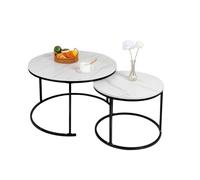HUOLE Lot de 2 Tables d'appoint Rondes, Table Basse, Grande : 70 cm ; Petite : 50 cm, Dessus Imitation Marbre, pour Salon, Chambre, Bureau,70 * 70 * 45cm-Noir et Blanc