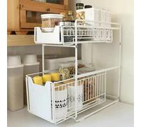 HUOLE Organiseur sous évier, Panier de Rangement Coulissant à 2 Niveaux Étagère de rangement sous évier avec tiroir coulissant pour la cuisine et la salle de bain (blanc-1PC)