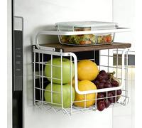HUOLE Panier a Fruit de Mural Empilable et Montable au Mur ，Corbeilles à Fruits en Métal à Suspendre Grand avec Couvercle en Bois pour Rangement Fruits et Légumes，30,5 x 16 x 26 (1 pièce) Blanc