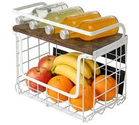 HUOLE Panier a Fruit de Mural Empilable et Montable au Mur ，Corbeilles à Fruits en Métal à Suspendre Grand avec Couvercle en Bois pour Rangement Fruits et Légumes，30,5 x 16 x 26 (2 pièces) Blanc