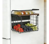 HUOLE Panier a Fruit de Mural Empilable et Montable au Mur ，Corbeilles à Fruits en Métal à Suspendre Grand avec Couvercle en Bois pour Rangement Fruits et Légumes，30,5 x 16 x 26 (1 pièce) Noir