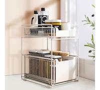 HUOLE Rangement sous Evier,Tiroir de Rangement à 2 étages pour Cuisine et Salle de Bain, Panier de Rangement Coulissant en métal, pour la Maison et Le Bureau, Porte-épices (Blanc)