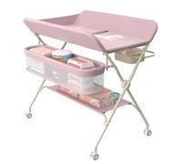 HUOLE Table à Langer avec roulettes, avec Panier de Rangement à Côté Structure en Fer Charge Max 25KG pour Nouveaux-Nés Design Ergonomique, Rangement,pour Nouveau-né,75 * 68 * 83-91cm (A) Rose