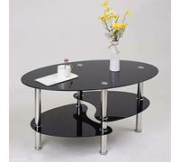 HUOLE Table basse ovale en verre avec deux étagères brillantes - Table d'appoint/de salon, table basse en verre de sécurité de 8 mm et coupe à facettes (90 x 50 x 43 cm, noir pur)