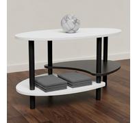 HUOLE Table de Thé en Bois Massif, Table d'Appoint avec Etagère de Rangement, Ovale à Double Niveau, pour Salon, Basse, 90 x 50 x 42 cm - Noir et Blanc