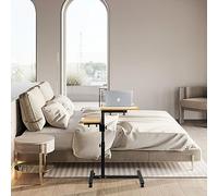 HUOLE Table pour ordinateur portable réglable en hauteur - Avec 2 barres d'arrêt et 4 roulettes - Plateau rotatif à 360° - 70 x 44 x 65/95 cm - Couleur bois naturel