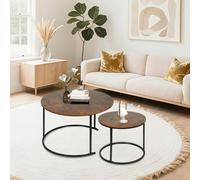 HUOLE Tables Gigognes Ronde Lot de 2, avec Cadre en Métal Doré, Dessus Imitation Marbre, pour Salon, Chambre, Bureau, Appartement - 70 x 70 x 45 cm (Bois brûlé + Pieds Noirs)