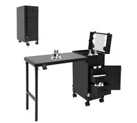 HUOMMGS Mallette de maquillage professionnelle 2 en 1 avec table jusqu'à 50 kg - Table de manucure avec 3 tiroirs, miroir LED, 4 roulettes - Mallette multifonction, Noir , 38.6*32*69.7cm/15.2*12.6