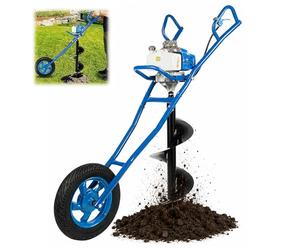 HUOMMGS Tariere Thermique 63 cm³ 2,2 KW Tarière à Essence avec 300mm Mèches, Roues 2 Temps Moteur Brouette Tarières Perceuse de Jardin pour Chantiers de Construction, Sylviculture