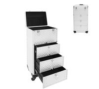 HUOMMGS Valise de maquillage à roulettes professionnelle avec 3 tiroirs, 6 clés, 4 roulettes, Argent + cube d'eau, 34*27*107cm/ 13.39*10.63 *42.13 in, Moderne