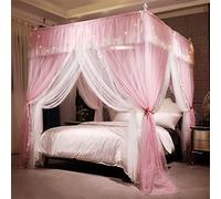 HUOQOU Baldaquin Princesse avec Volants Ciel de Lit Rectangulaire à 4 Ouvertures Moustiquaire Double Couche pour Chambre de Fille Décoration Romantique Doux et Respirant(Rose/Blanc,1W x 2l x 2,1H(m))