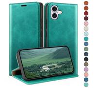 HUOUH Coque pour iPhone 16 6.1" avec RFID Blocage Etui à Rabat en Cuir de Premium,Fentes pour Cartes,Coques de Case,Cover à Rabat pour Apple 16 Portefeuille Bleu Vert