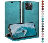 HUOUH Coque pour iPhone 16 Pro 6.3" avec RFID Blocage Etui à Rabat en Cuir de Premium,Fentes pour Cartes,Coques de Case,Cover à Rabat pour Apple 16 Pro Portefeuille Vert d'eau