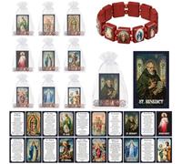 Huquary Ensemble de cadeaux catholiques - Cartes de prière catholique - Bracelets de dévotion en bois avec sacs religieux pour première communion, baptême, Pâques - Cadeau de fête chrétienne